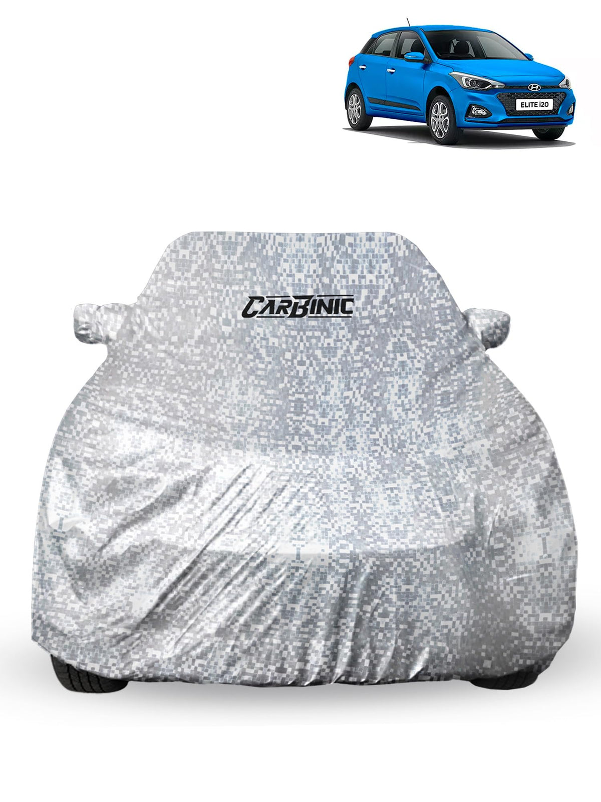 CARBINIC Car Cover for Hyundai Elite i20 nLine2020 Waterproof (Tested) and Dustproof Custom Fit UV Heat Resistant Outdoor Protection with Triple Stitched Fully Elastic Surface | Silver with Pockets