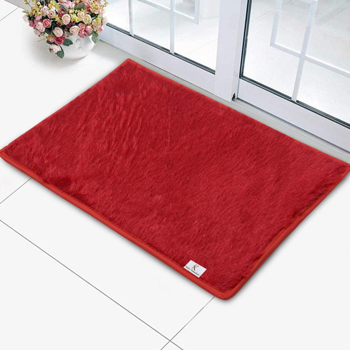 Kuber Industries Shaggy Durable Microfiber Anti-Skid Heavy Duty Doormat, Indoor Outdoor, Easy Clean, Waterproof, Low-Profile Mats for Entry, Patio, Garage (Red)