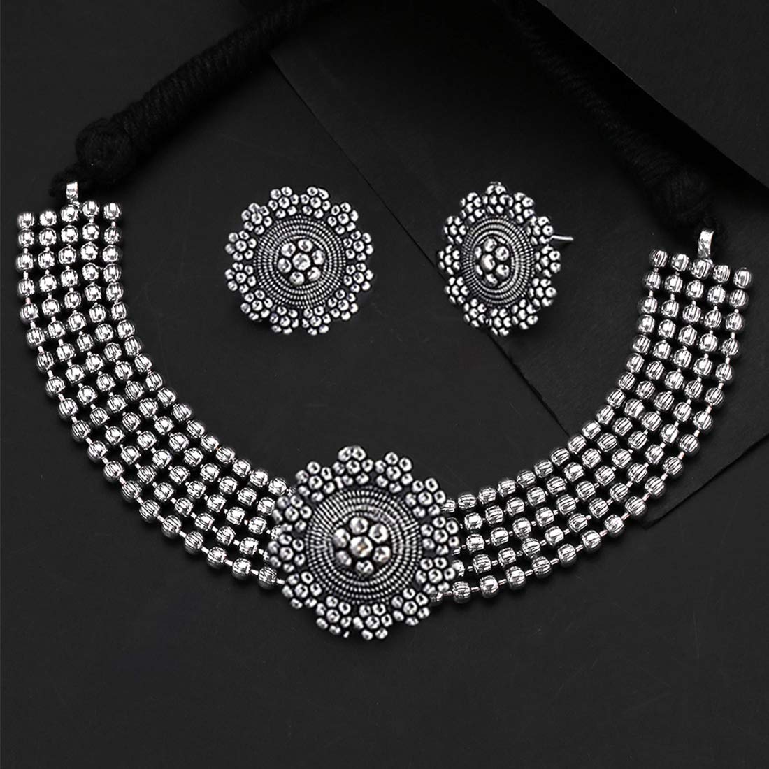 Yellow Chimes Oxidised Silver Threaded Jewelry Beads Traditional Choker Necklace Set for Women and Girls, silver oxidised, medium (YCTJNS-48OXDFLWR-SL)