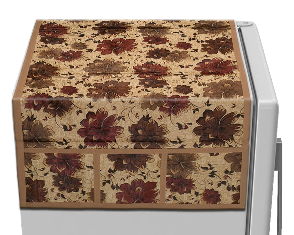 Kuber Industries Flower Print PVC Fridge Top Cover, Protect for Scratches with 6 Utility Side Pockets (Beige)