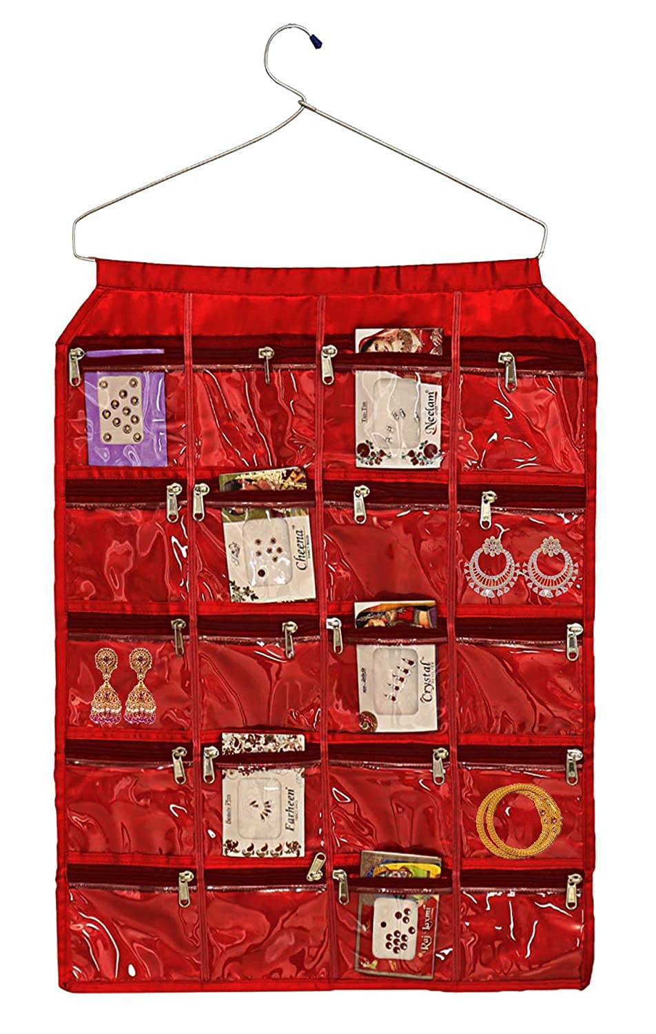 Kuber Industries Foldable Jewellery Organizer With 12 Tranapasrent Zippered Pockets For Storing Jewelry, Bracelets, Earrings, Hair Accessories, Rings etc (Maroon) -HS_38_KUBMART21039, Pack of 1