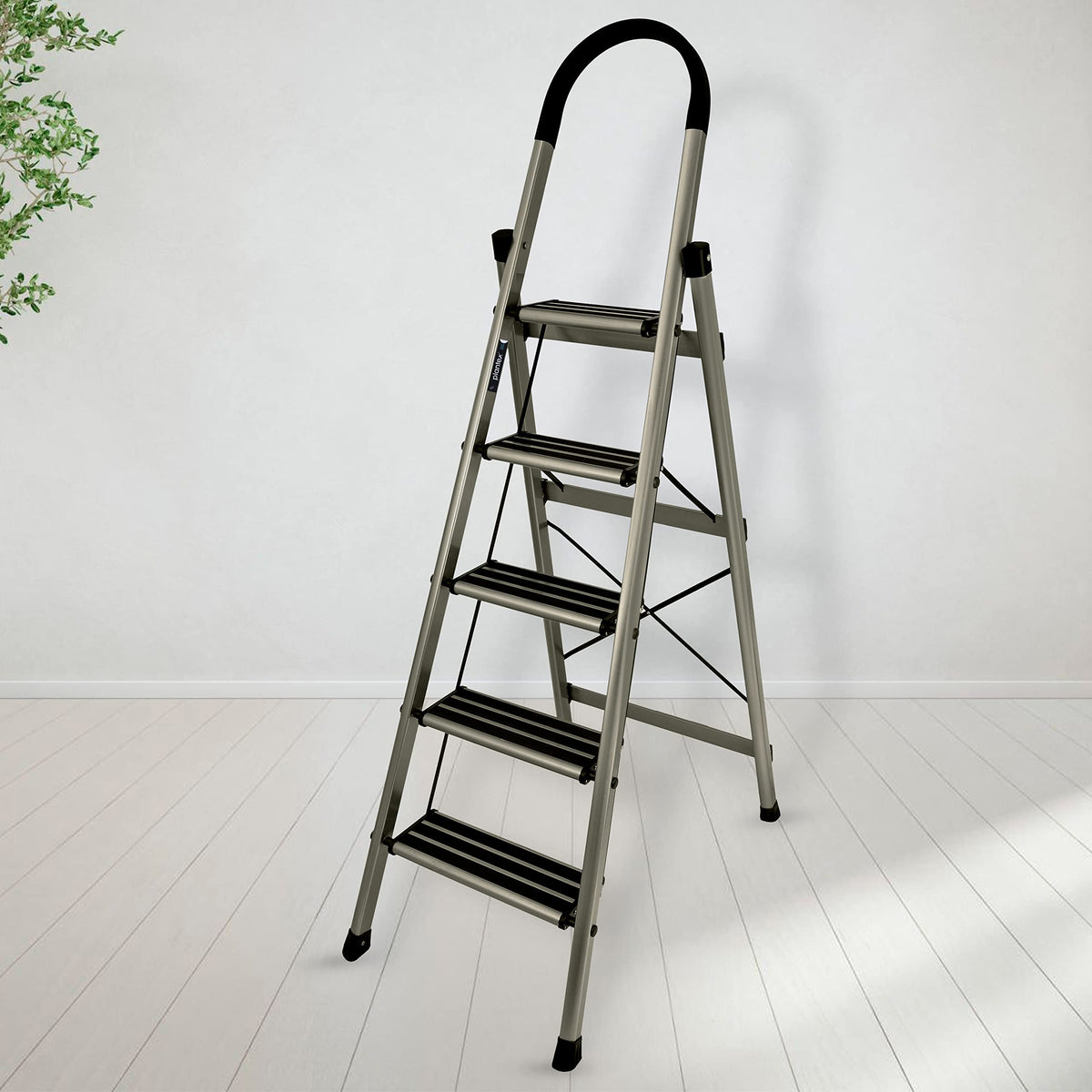 Plantex 5 Step Ladder Foldable Aluminium Ladder for Home - Wide Anti Skid Steps - Multipurpose | 5 Year Manufacturer Warranty(Anodize Coated-Gold)