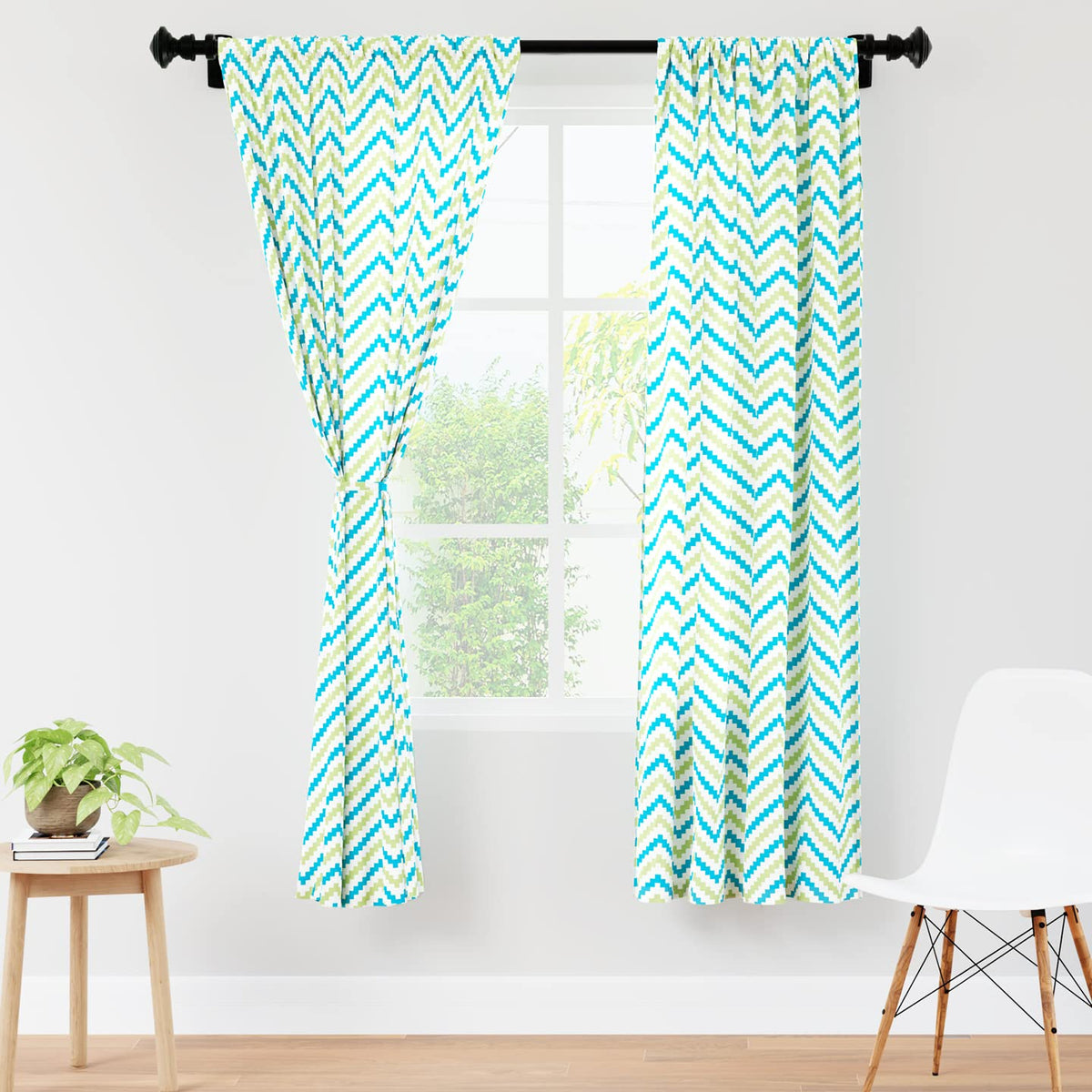 Encasa Homes Polyester Printed Window Curtain for 6 ft with Tie Back, Rod Pocket, Light-Filtering, Curtains for Kitchen, Bedroom, Living Room (140x183 cm), Chevron 1 Green, Set of 2