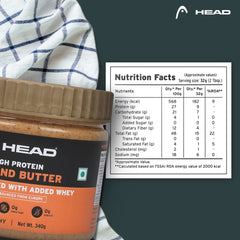 Head Almond Butter with added Whey High Protein Nutbutter (340g, Unsweetened, Crunchy) | 100% Pure Nuts | Protein & Fiber Rich Nutritious Snack