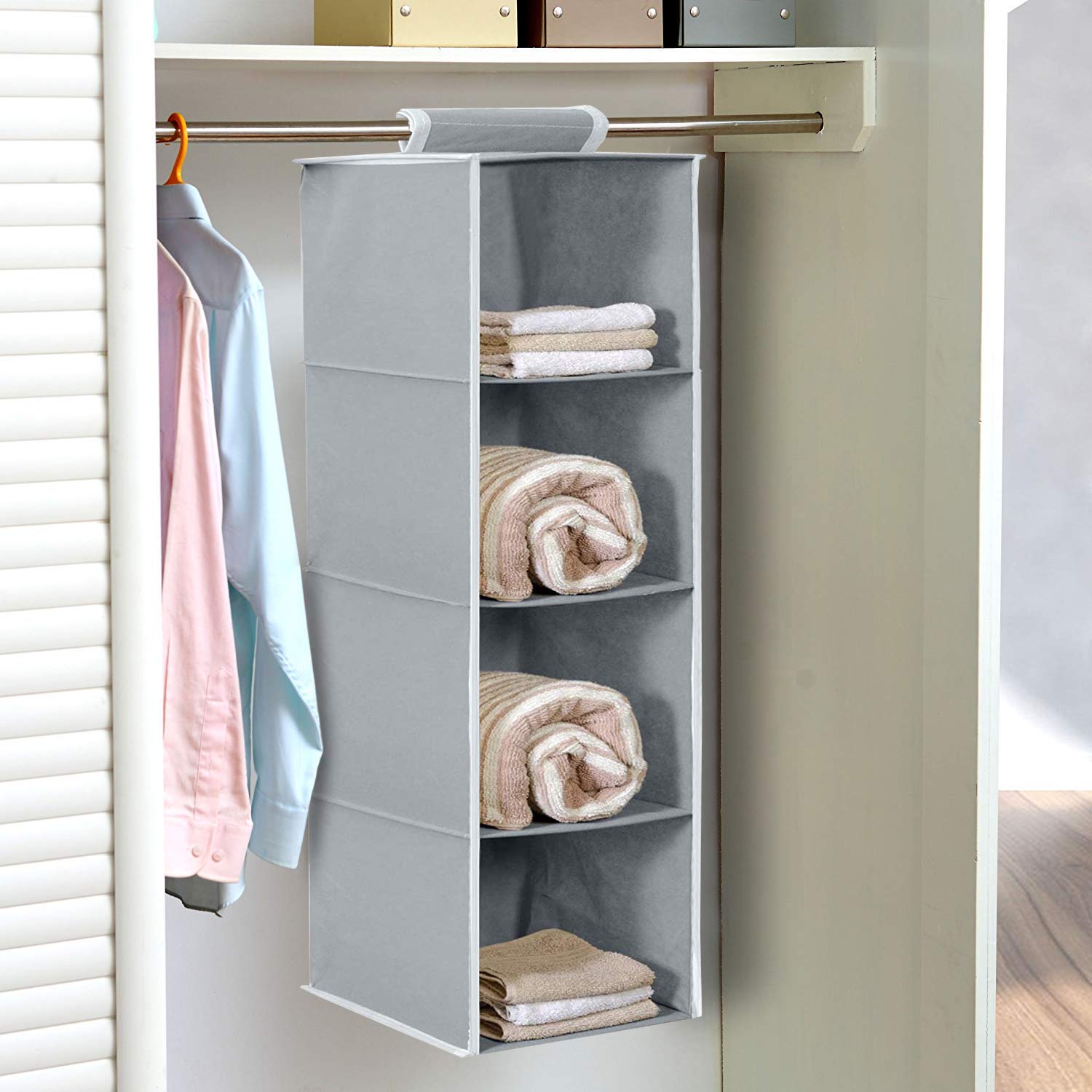 Kuber Industries Non Woven Hanging 4 Shelves Foldable Wardrobe/Closet Cloth Organizer (Grey)-KUBMART15320 (Glossy,Fabric)