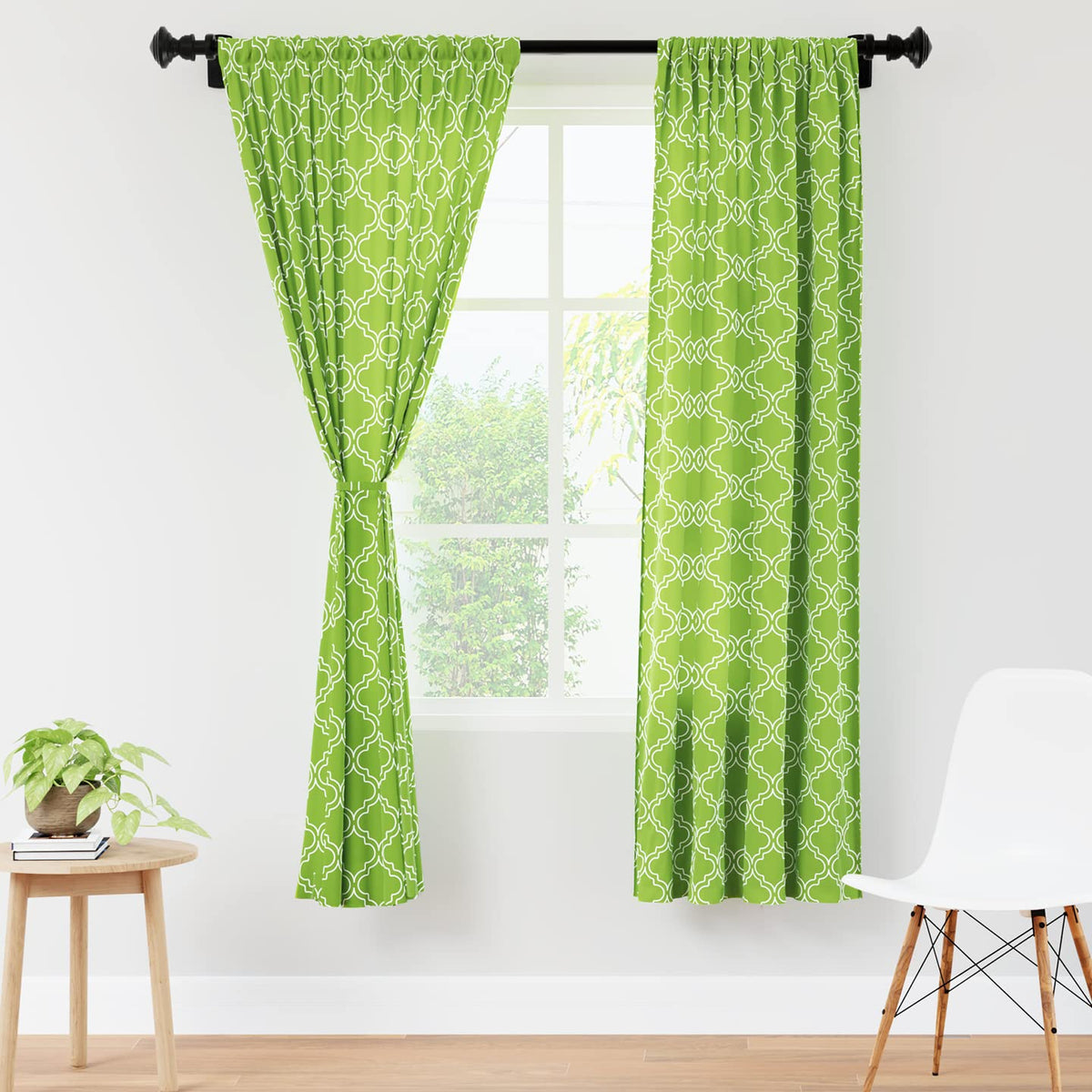 Encasa Window Curtain 6 ft Set of 2, Polyester Printed with Rod Pocket, Tie Back, Light-Filtering, Semi Sheer/Transparent Curtains- Kitchen, Bedroom, Living Room (140x183 cm), Trellis Greenery