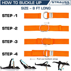 Strauss Yoga Strap & Stretching Belt | Ideal for Yoga, Pilates, Therapy, Dance, Gymnastics & Flexibility | 60% Thicker Belt with Extra Safe Adjustable Metal D-Ring Buckle | Eco-Friendly, 8 feet (Orange)