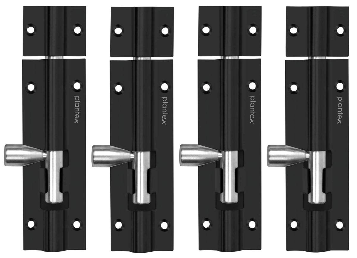 Plantex Stainless steel 4 inch Tower Bolt/Tower Bolt for Home,Offices Doors and Windows/Tower Bolt for Main Door/Door Latch/Kundi/Chitakini/Door Latch for Windows (Black Finish, Pack of 4)