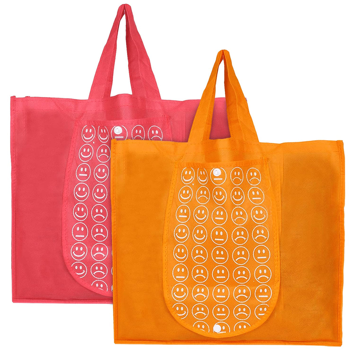 Heart Home Smiley Printed Eco Friendly Foldable Reusable Non-Woven Shopping Grocery Bag with One Small Pocket- Pack of 2 (Pink & Deep Yellow) -45LUGHH0156