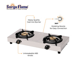Surya Flame Double Cook Gas Stove 2 Burners | Stainless Steel Body | Manual LPG Stove With Sleek Design Body | Anti Skid Rubber Legs - 2 Years Complete Doorstep Warranty (1)
