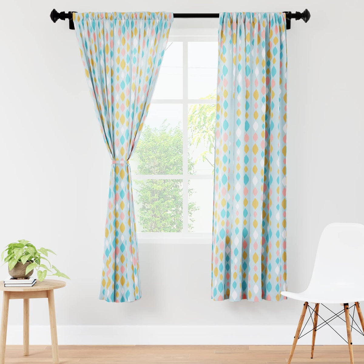 Encasa Homes Polyester Printed Window Curtain For 6 Ft With Tie Back, Rod Pocket Curtains, Light-Filtering, Curtains For Kitchen, Bedroom, Living Room (140X183 Cm), Teardrops Turq, Set Of 2
