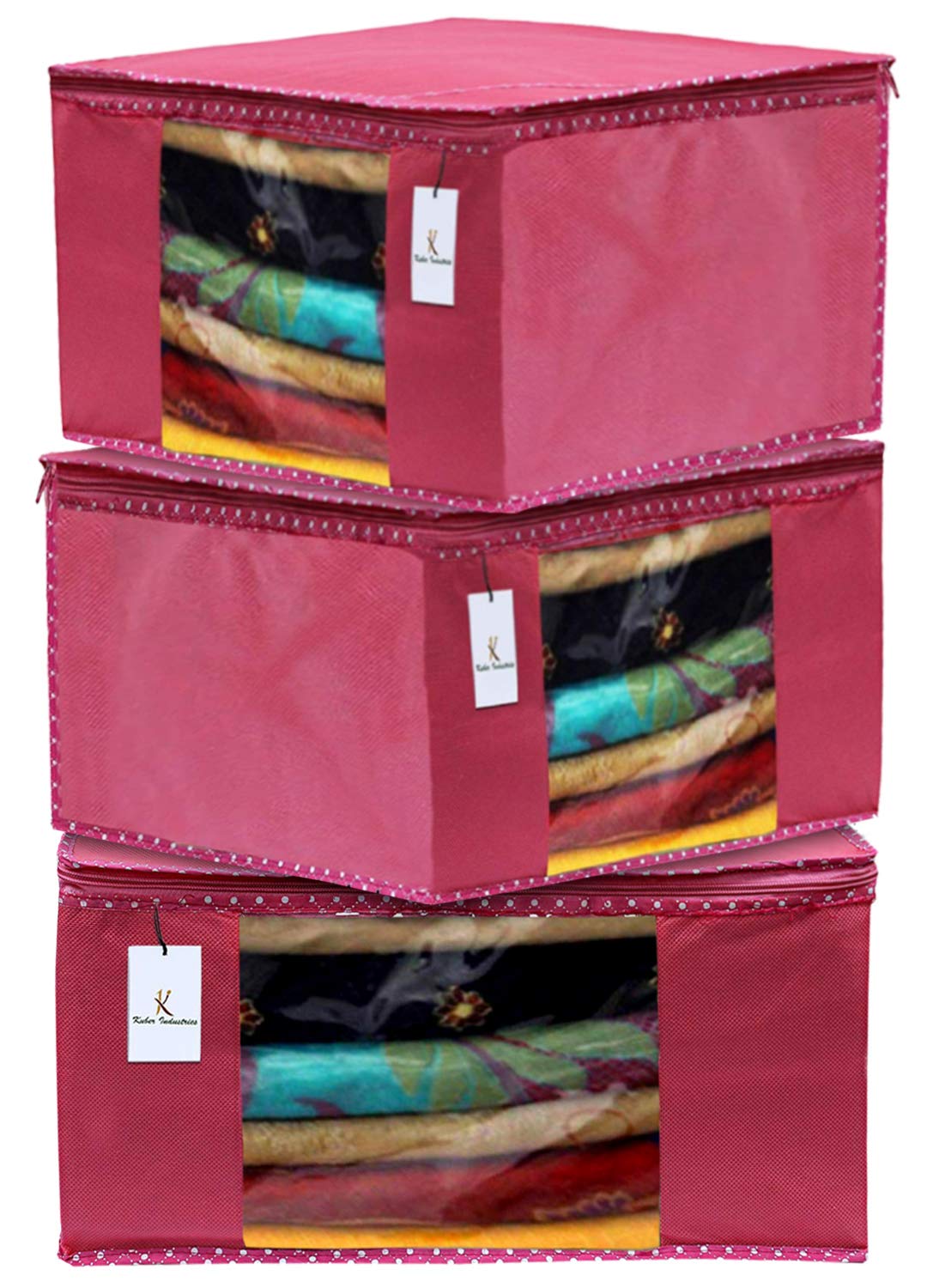 Kuber Industries 3 Pieces Non Woven Fabric Saree Cover/Clothes Organiser for Wardrobe Set with Transparent Window, Extra Large (Pink)-KUBMART2762