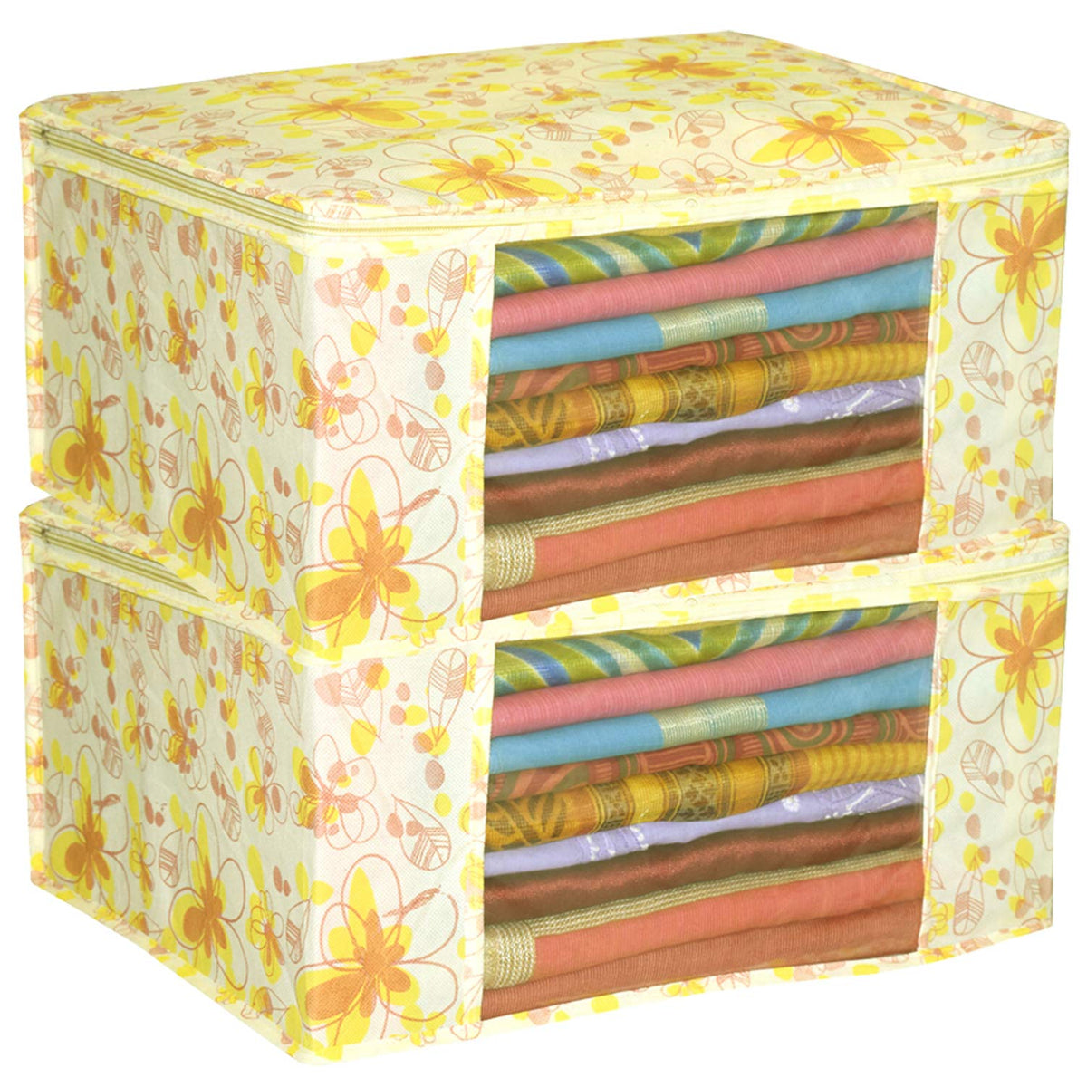 Kuber Industries Red Flower Design 2 Piece Non Woven Saree Cover, Ivory and Red