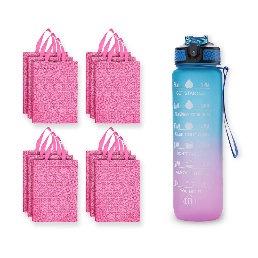 Kuber Industries Sipper Bottle 1 Litre and Non Woven Rectangular Flower Print Carry Bags | Bottle (Gradient Blue & Purple, 1 Pcs) | Carry Bags (Pink, 26 cm x 11 cm x 38 cm) - Pack of 12, Paper