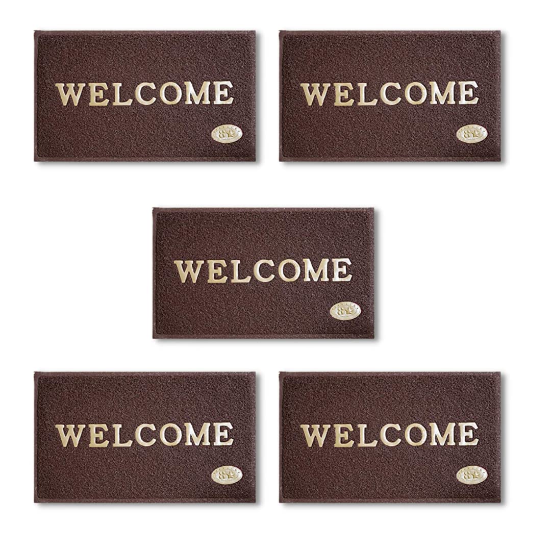 Kuber Industries Printed Welcome Door Mat | Strong PVC Material & Solid Print | Anti-Skid & Water Proof|Size 58 x 38 (Brown) | Pack of 5