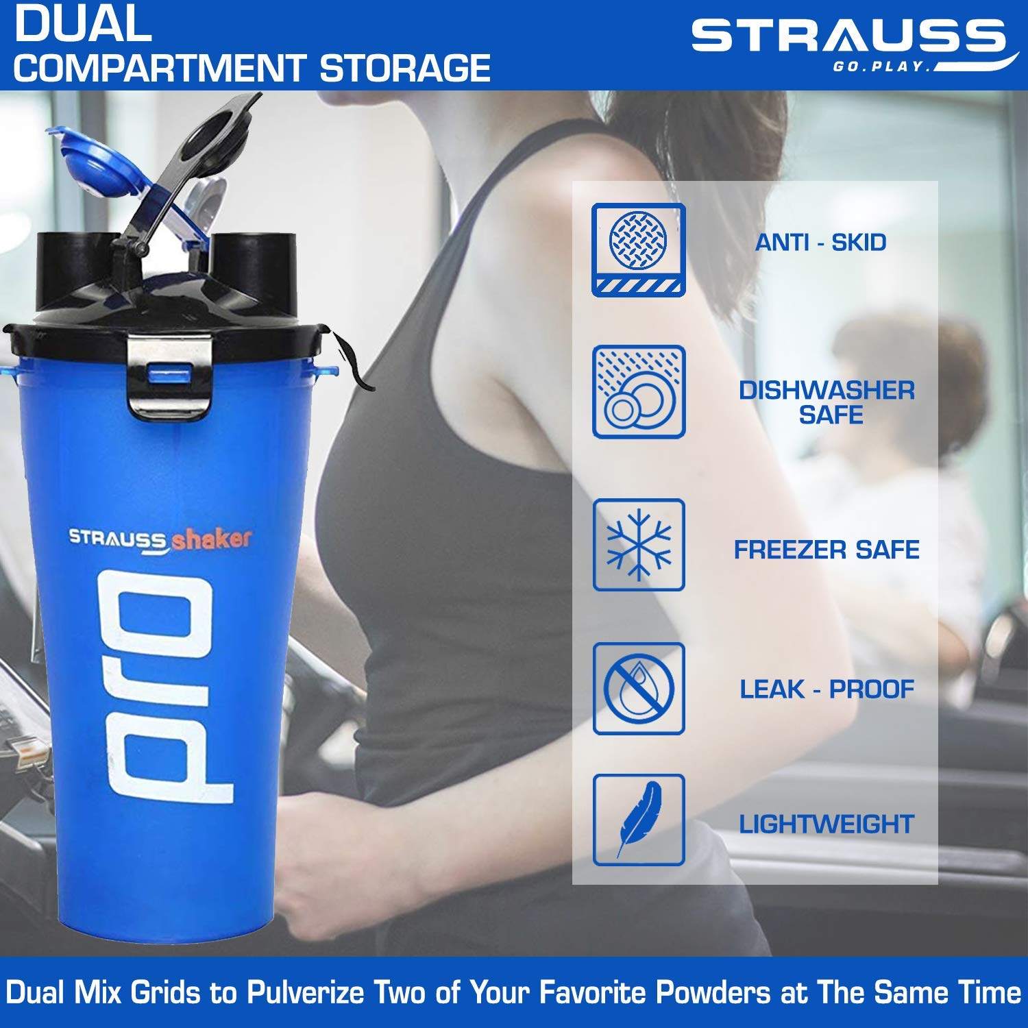 STRAUSS Dual Shaker Pro | Gym Shaker Bottle | 100% Leakproof | Ideal For Protein Shake, Pre- Post Workout Drink & BCAAs | BPA Free Sipper Bottle | 700ml,(Blue)