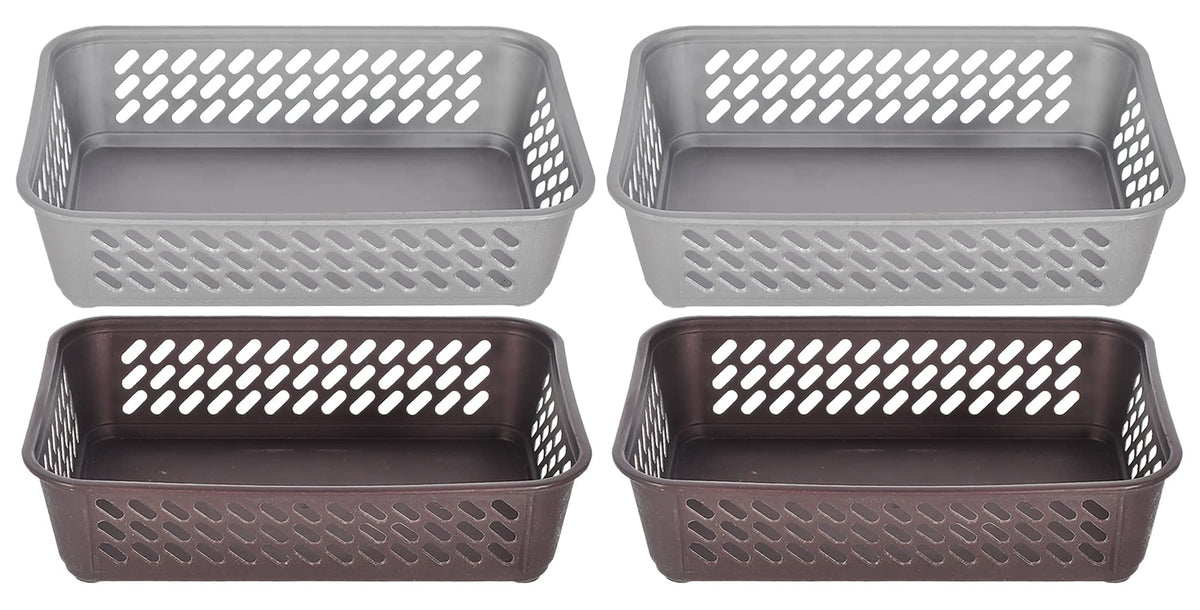 Kuber Industries Multipurposes Super Tidy Plastic Basket, Organizer For Kitchen, Countertops, Cabinets, Bathrooms- Pack of 4 (Grey & Brown) -46KM0588