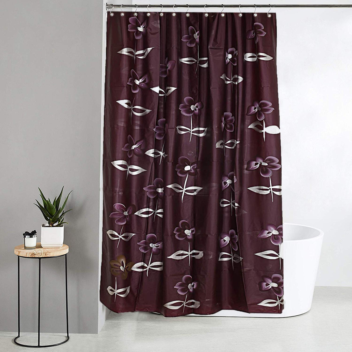 Kuber Industries Microfibre Floral Shower Curtain with Hooks (Wine)