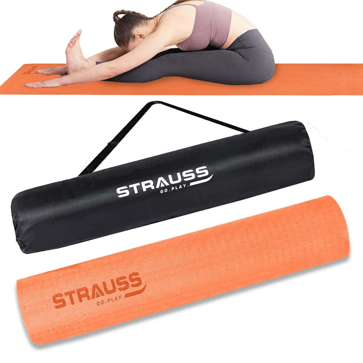 Strauss Anti Skid TPE Yoga Mat with Carry Bag, 4mm, (Orange)