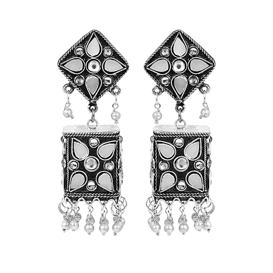 Yellow Chimes Traditional Silver Oxidised Floral Design Silver Stone Studded Jhumka Jhumki Earrings for Women and Girls