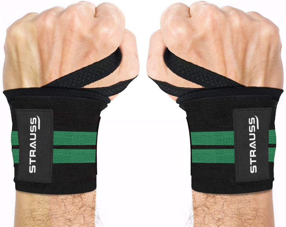 STRAUSS WL Cotton Wrist Supporter with Thumb Loop Straps & Closures for Gym, Workouts & Strength Training| Adjustable & Breathable with Powerful Velcro & Soft Material, (Black/Green)