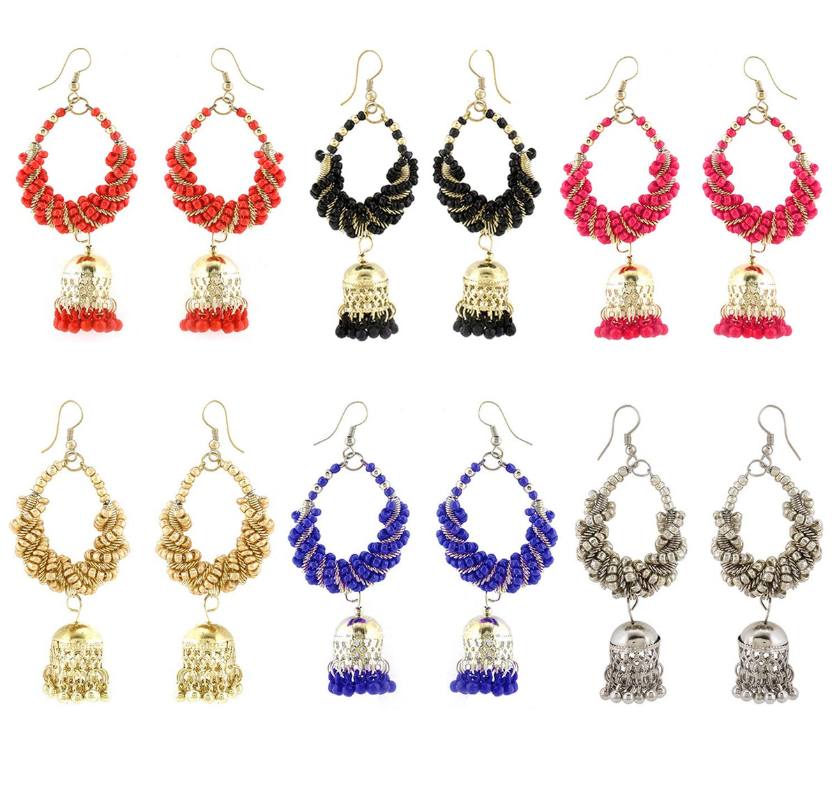 Yellow Chimes Combo of 6 Pair Ethnic Oxidised Gold Plated Beads Design Jhumka Earrings for Women and Girls, silver,gold,multicolor, medium (YCTJER-07BDSJHM-C-MC)