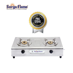 Surya Flame Ultimate PNG Gas Stove 2 Burners Stainless Steel Body Manual Direct use for Pipeline Gas - 2 Years Complete Doorstep Warranty