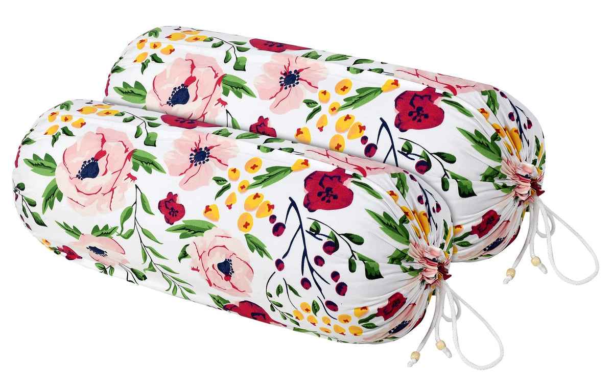 Heart Home Flower Printed Soft & Luxurious Decorative Cotton Bolster Cover- Set of 2, 16"x32" (White & Pink)-44HH0130