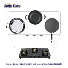 Surya Flame Black Beauty Gas Stove 3 Burners Glass Top | LPG Stove With Jumbo Burner & Flame Protection Pan Support | 2 Years Complete Doorstep Warranty - Black