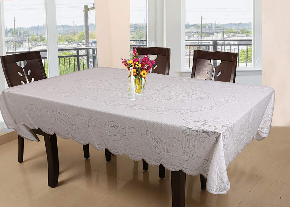 Kuber Industries Floral Cotton 6 Seater Dining Table Cover - White