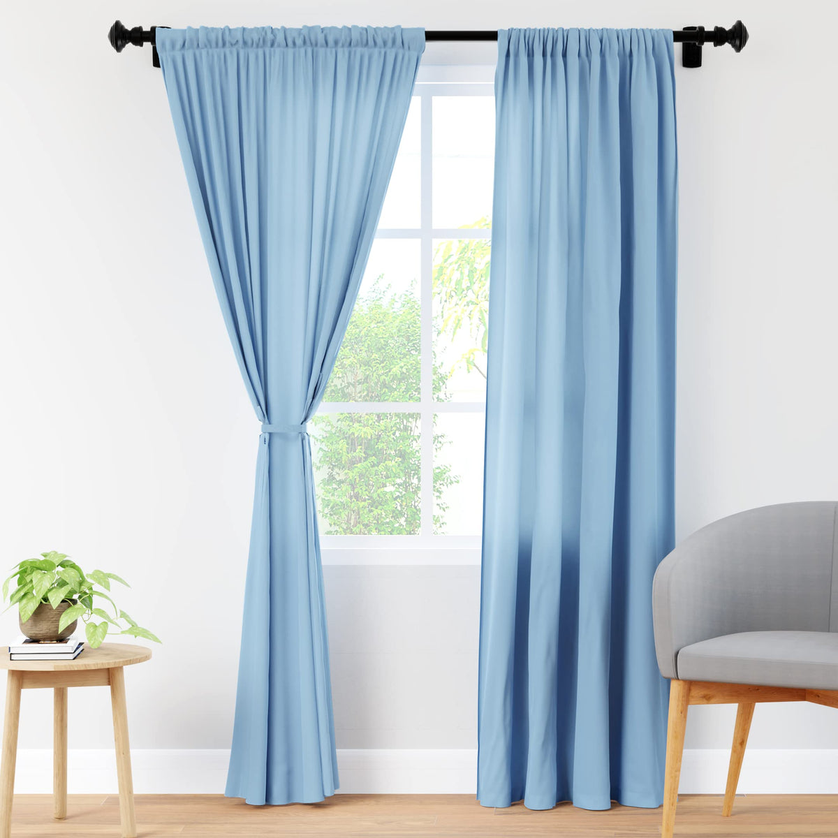 Encasa Homes Polyester Solid Curtains with Tie Back, 8 ft Long Door Panel Set of 2 - Blue, Rod Pocket, Light-Filtering, Curtains for Door, Bedroom, Living Room