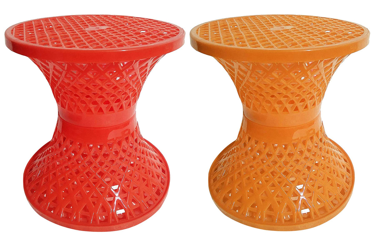 Kuber Industries Mesh Design Both Sided Plastic Sitting Stool, Planter Stand, Sidetable for Living Room, Bed Room, Garden in Damroo Style- Pack of 2 (Orange & Yellow), Standard (HS_38_KUBMART021803)