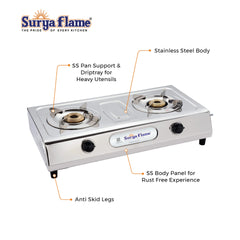 Surya Flame Ultimate Gas Stove 2 Burners Manual PNG Stove | LPG Gas Dual Layer Rubber Hose Pipe 1.5M | Premier Stainless Steel Gas Lighter with Knife