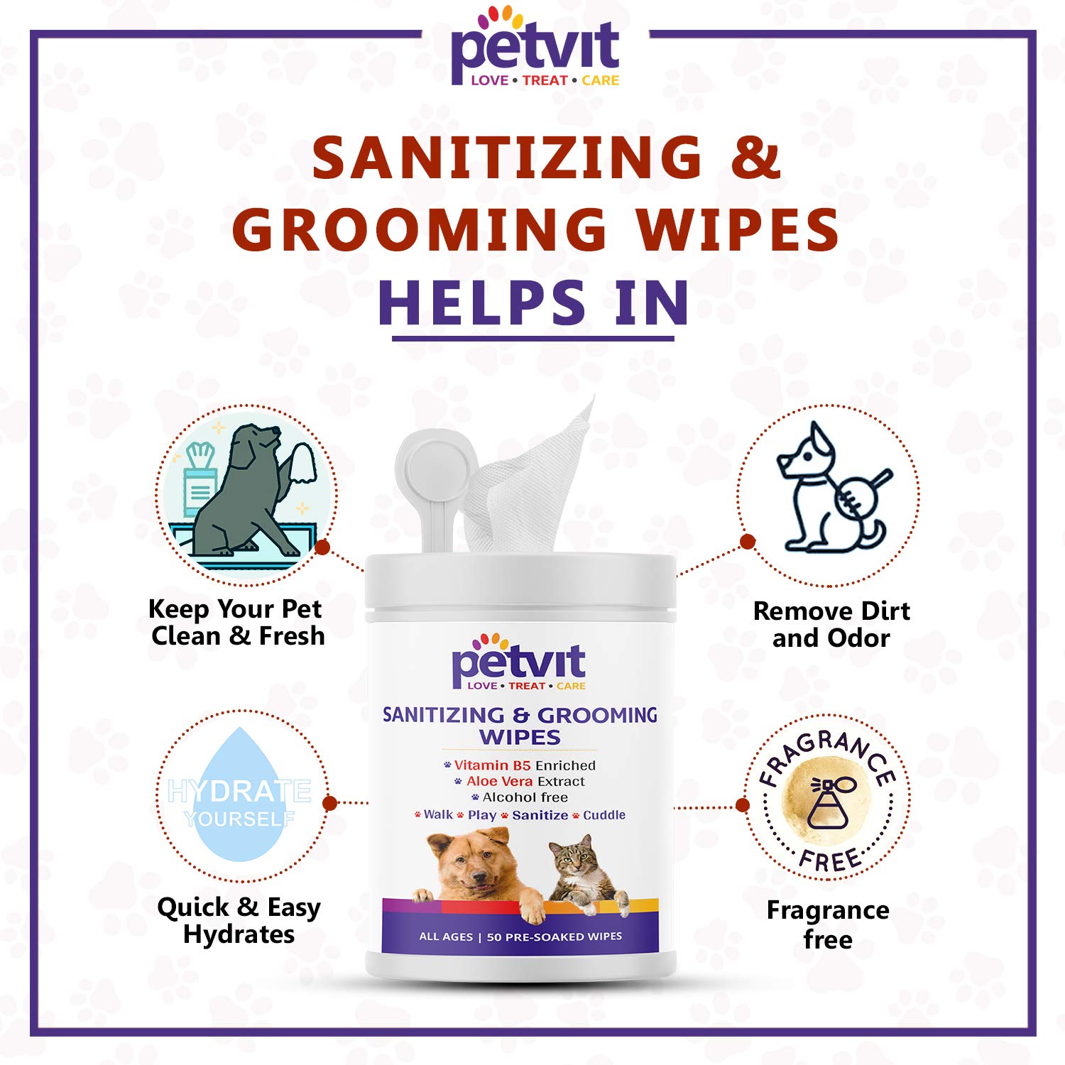 Petvit Cleansing & Grooming Wipes for Dog and Cat Enriched with Vitamin B5 and Aloe Vera, 50 Wipes Piece