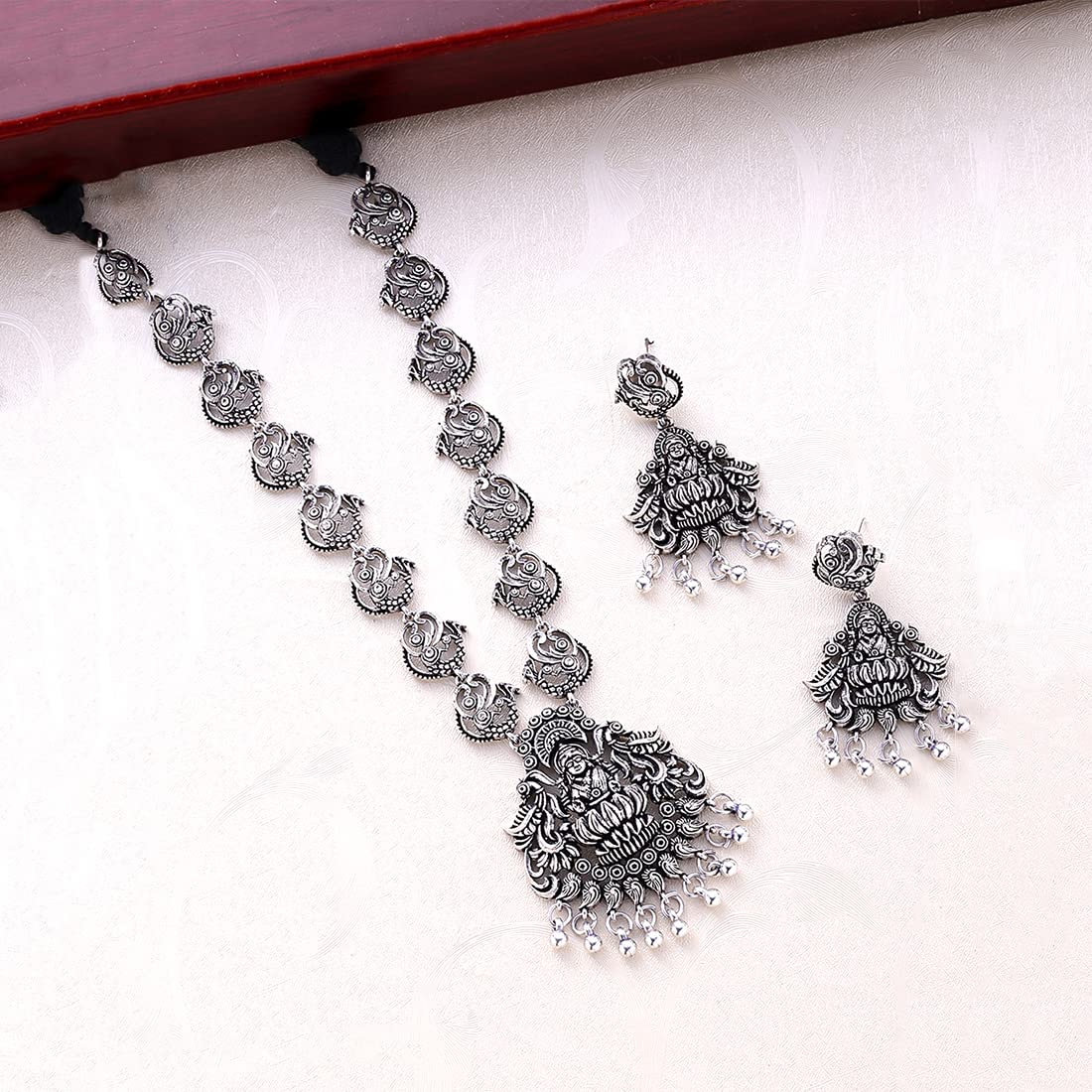 Yellow Chimes Jewellery Set for Women and Girls Traditional Silver Oxidised Jewellery Set Silver Necklace Set for Women | Oxidized Temple Necklace Set | Birthday Gift For Girls and Women Anniversary Gift for Wife
