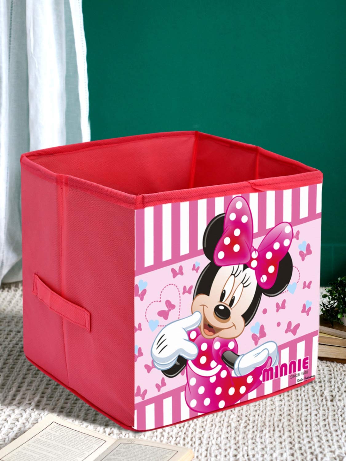 Kuber Industries Disney Minnie Print Non-Woven Fabric Square Foldable Cube Toy, Books, Shoes Storage Box with Handle (Pink, Large Size, KUBMART02343)