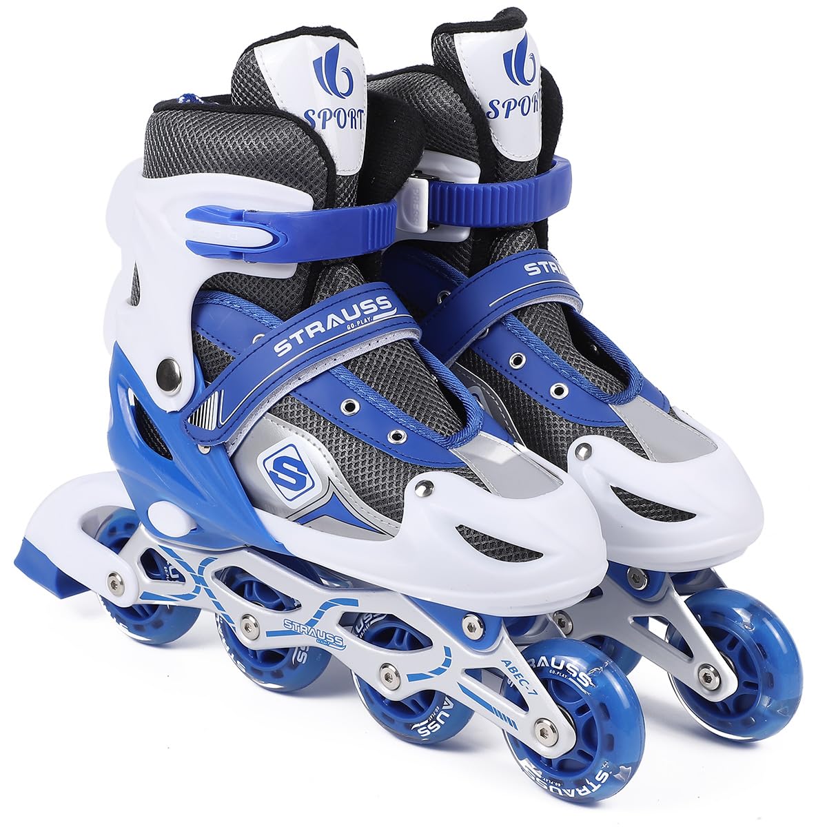 STRAUSS Vortex Adjustable Size Inline Skates | Skating Shoes for Boys & Girls | 4 Wheels |Beginner-Friendly Skating Shoe | Adjustable Roller Blades | Enhanced Stability and Support| Size S,(Blue)