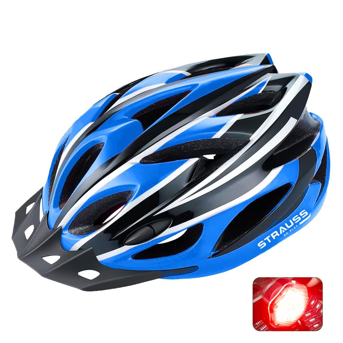 Strauss Adjustable Cycling & Skating Helmet with Detachable Visor & Safety Light | Light Weight with Ventilation | Adjustable Strap, Comfortable Chin Pad | Ideal for Men, Women & Kids (Black/Blue)