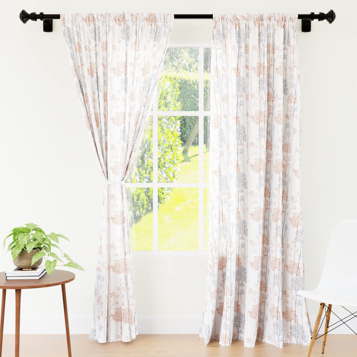 Encasa Homes Polyester Printed Long Door Curtain for 8 ft with Tie Back, Rod Pocket, Light-Filtering, Curtains for Kitchen, Bedroom, Living Room (140x244 cm), Branches Orange, Set of 2