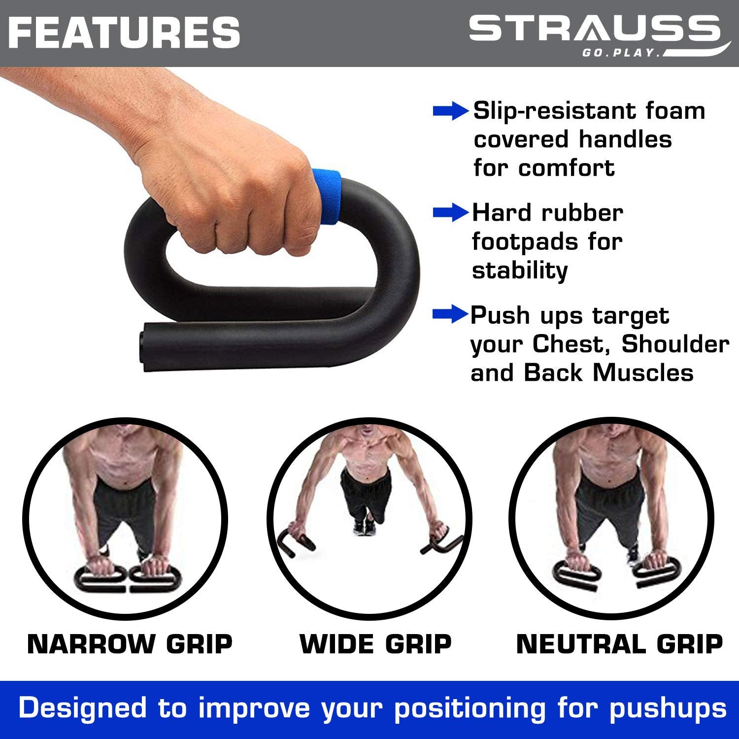 Strauss Power Push up Bar, (Black/Blue) and Yoga Soft Chest