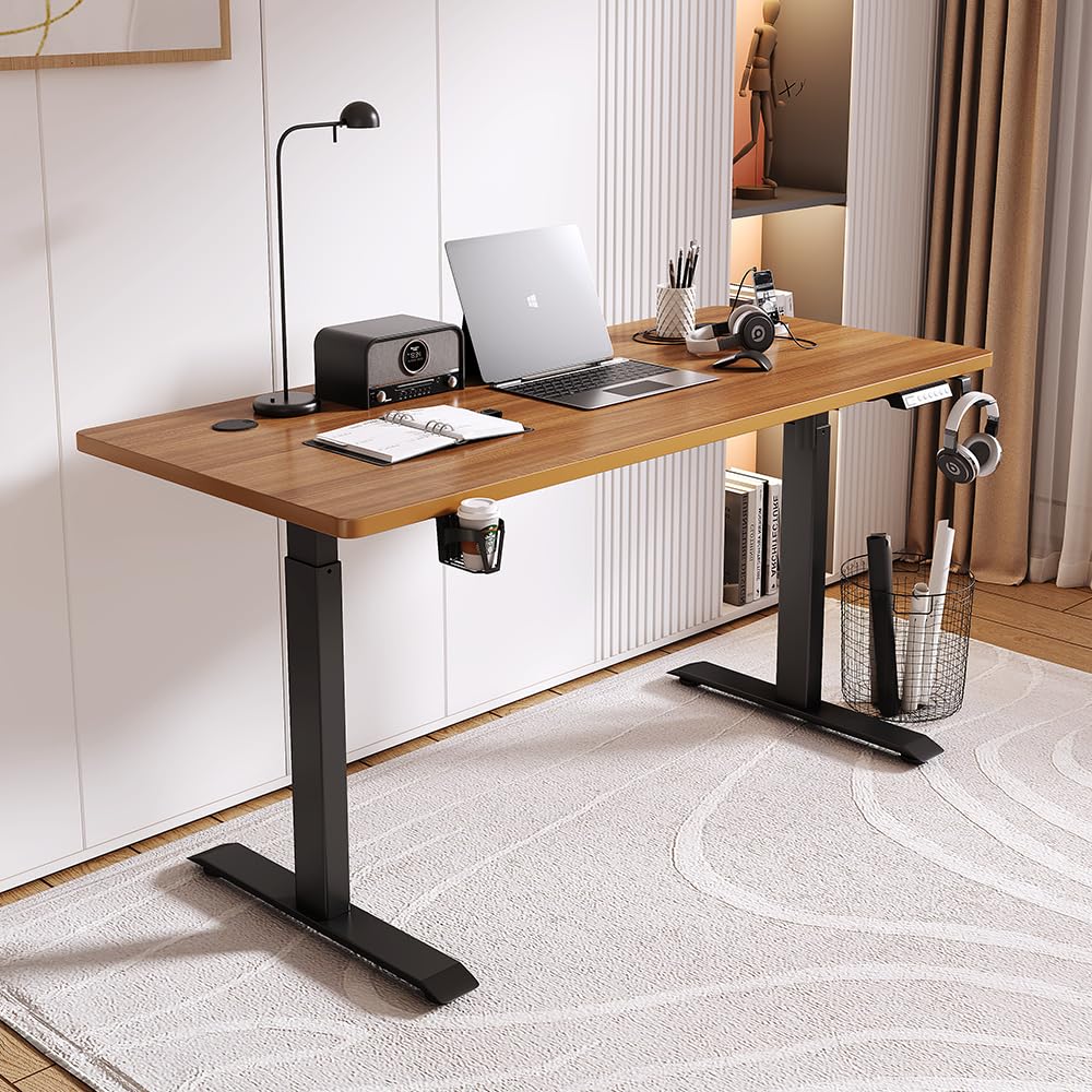 SAVYA HOME Multipurpose Electric Height Adj. Engineered Wood Table Desk, Ergonomic Sit-Stand Desk, Digital Display with Memory Preset Option, Cup Holder & Earphone Hook (140 * 60*(72-117) cm), Walnut