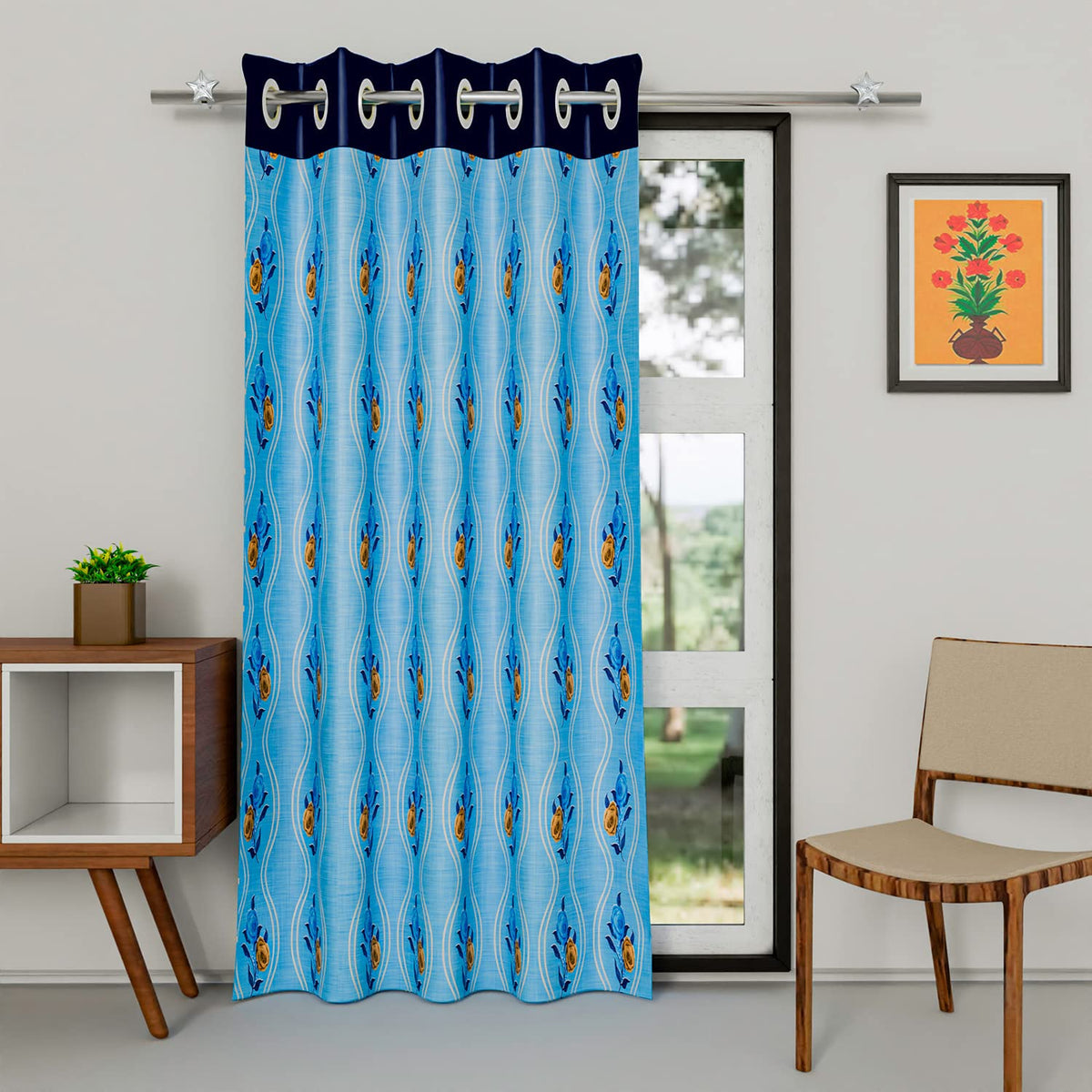 Kuber Industries Polyester Decorative 9 Feet Long Door Curtain | Rose Print Blackout Drapes Curtain with 8 Eyelet for Home & Office (Blue)