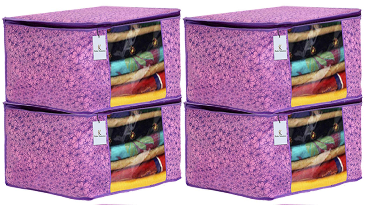 Kuber Industries Metallic Flower Design 4 Piece Non Woven Saree Cover, Large(Pink & Purple) - CTKTC034549