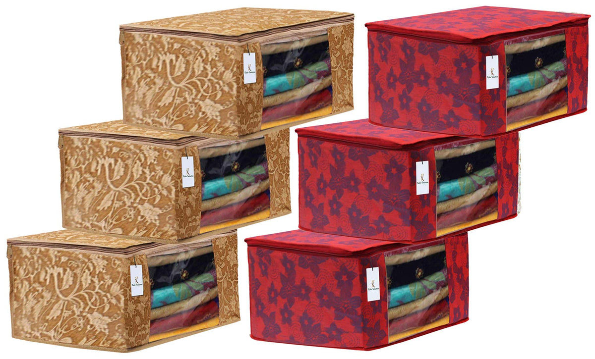 Kuber Industries Metalic Printed 6 Piece Non Woven Fabric Saree Cover Set with Transparent Window, Extra Large, Beige & Red -CTKTC040861