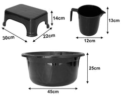 Kuber Industries 3 Pieces Plastic Mug, Tub & Stool Set (Black)
