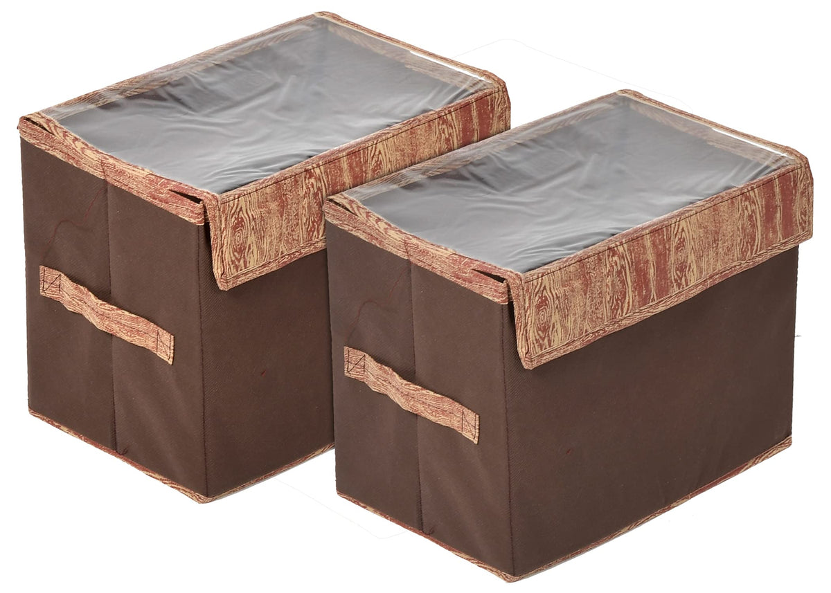 Kuber Industries Wooden Design Foldable Medium Non-Woven Storage Box/Bin For Books, Towels, Magazines, DVDs & More With Tranasparent Lid- Pack of 2 (Brown) -44KM0438