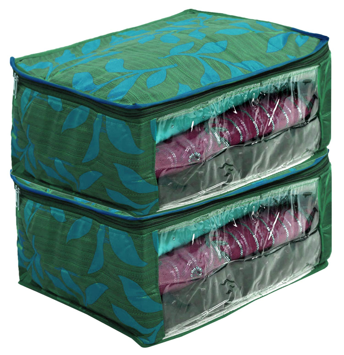 Kuber Industries Leaf Printed Saree Cover Bag/Wardrobe Organiser with Transparent Window-Pack of 2 (Green)