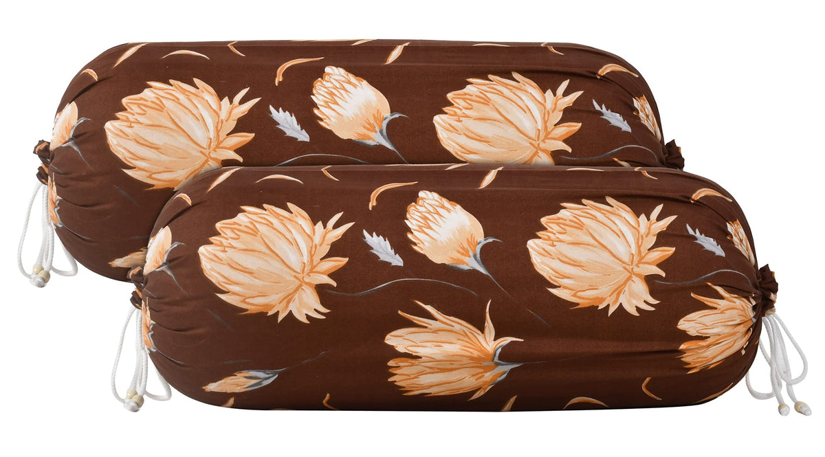 Kuber Industries Flower Printed Cotton Bolster Cover- Set of 4, 16"x32" (Brown & White)-44KM0143