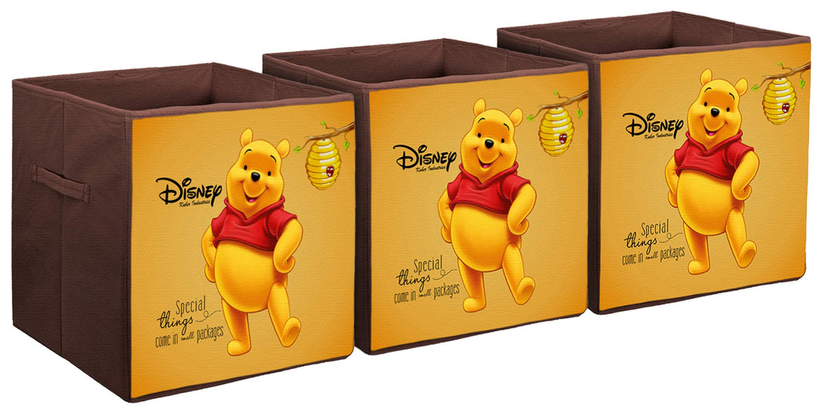 Kuber Industries Disney Winnie-The-Pooh Print Non Woven Fabric Foldable Cloth Storage Box Toy, Books Wardrobe Organiser Cube with Handle (Brown, Large) - 3 Pieces