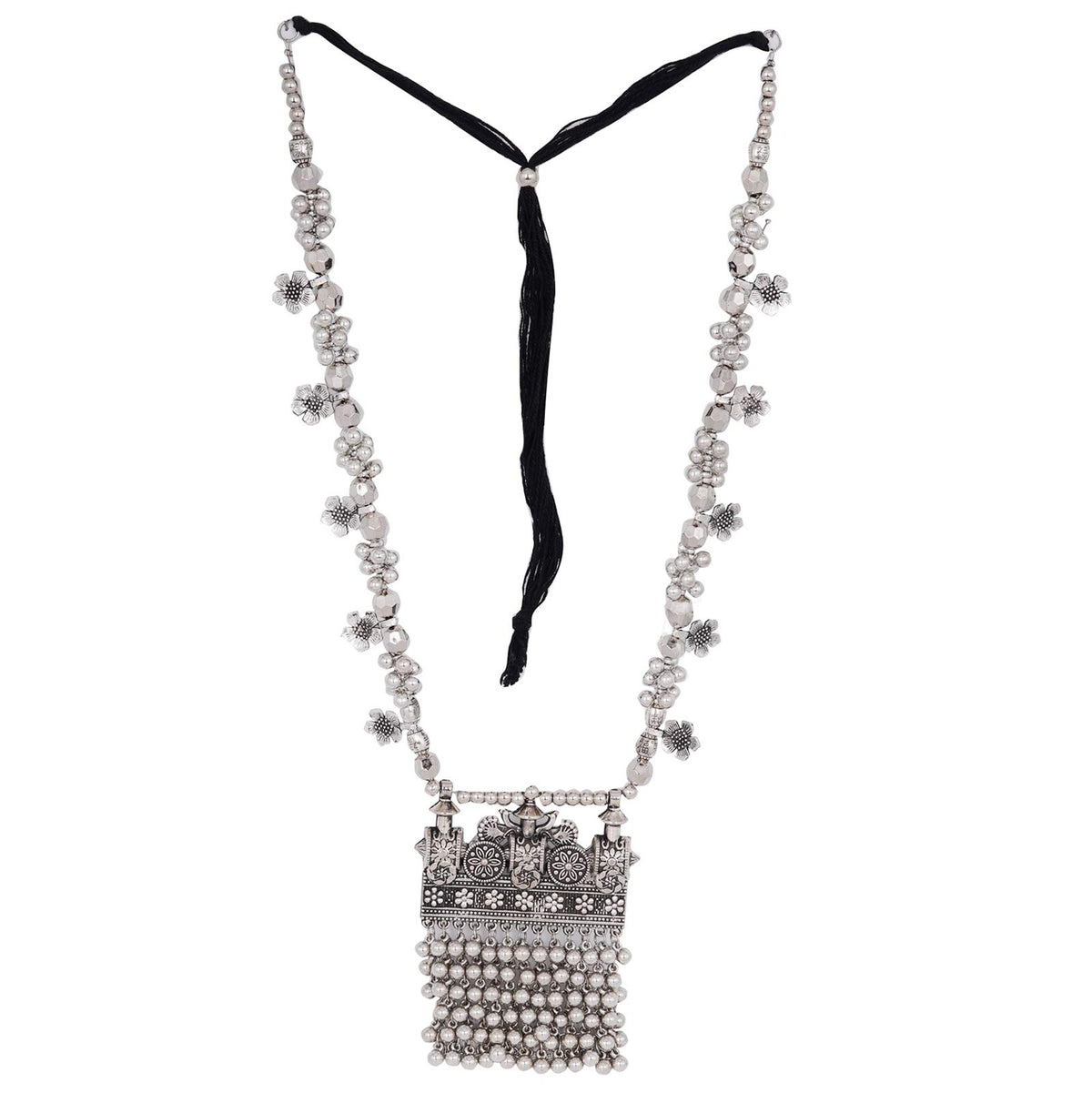 TEEJH Nihan Silver Oxidised ghungroo Long necklace For Women